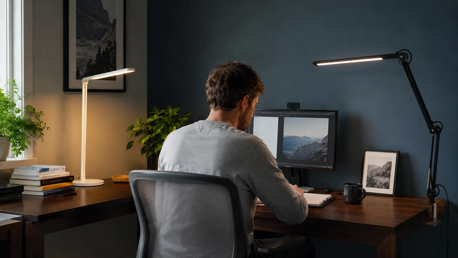 Two desk lamps side by side on a home office desk, one standing and one clamped, warm amber light on a dark wood surface